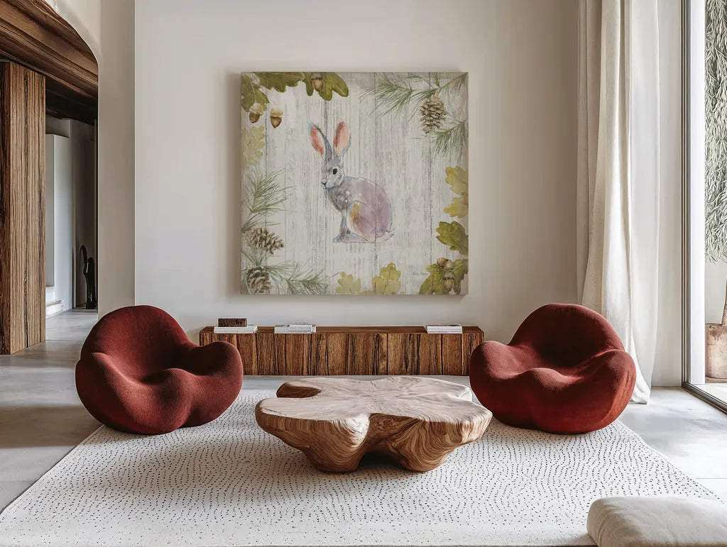 Into the Woods I on Barn Board by Emily Adams. Shown as extra-large giant wall art in a modern living room. Available as an archival giclee rolled canvas, fine art paper, or poster print. SKU 26472a.