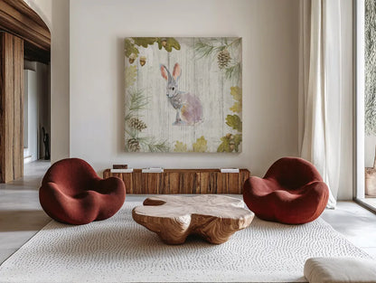 Into the Woods I on Barn Board by Emily Adams. Shown as extra-large giant wall art in a modern living room. Available as an archival giclee rolled canvas, fine art paper, or poster print. SKU 26472a.