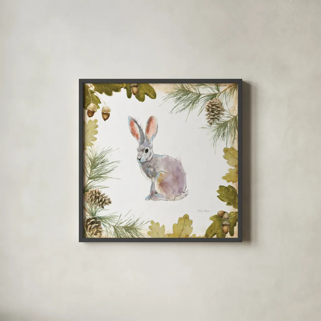 Into the Woods I on White Border by Emily Adams. Shown in a sleek black glass frame for a contemporary gallery look. Available as an archival giclee rolled canvas, fine art paper, or poster print. SKU 22864a.