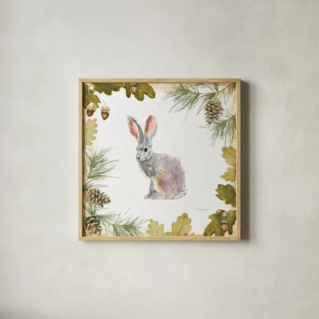 Into the Woods I on White Border by Emily Adams. Shown in a natural wood glass frame for a timeless modern aesthetic. Available as an archival giclee rolled canvas, fine art paper, or poster print. SKU 22864a.