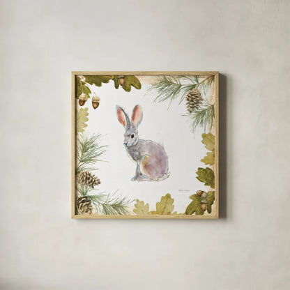 Into the Woods I on White Border by Emily Adams. Shown in a natural wood glass frame for a timeless modern aesthetic. Available as an archival giclee rolled canvas, fine art paper, or poster print. SKU 22864a.