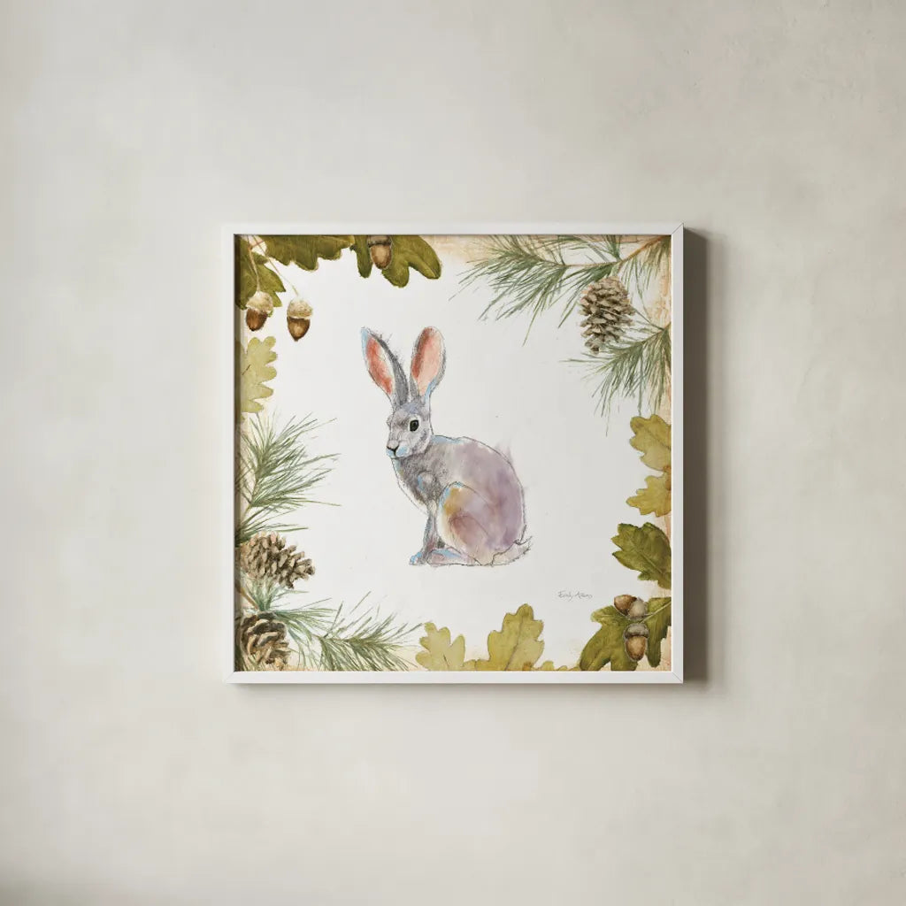 Into the Woods I on White Border by Emily Adams. Shown in a crisp white glass frame for a clean and minimalist style. Available as an archival giclee rolled canvas, fine art paper, or poster print. SKU 22864a.