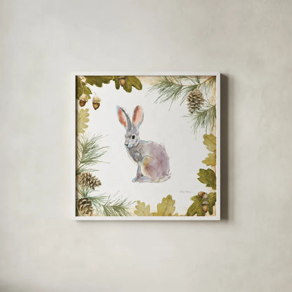 Into the Woods I on White Border by Emily Adams. Shown in a crisp white glass frame for a clean and minimalist style. Available as an archival giclee rolled canvas, fine art paper, or poster print. SKU 22864a.