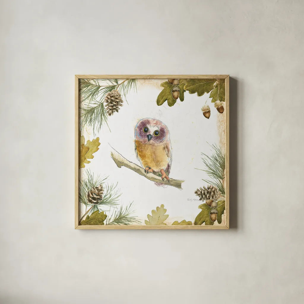 Into the Woods II on White Border by Emily Adams. Shown in a natural wood glass frame for a timeless modern aesthetic. Available as an archival giclee rolled canvas, fine art paper, or poster print. SKU 22865a.