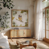 Into the Woods II on White Border by Emily Adams. Shown in a natural wood frame in a cozy modern living room. Available as an archival giclee rolled canvas, fine art paper, or poster print. SKU 22865a.