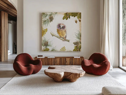 Into the Woods II on White Border by Emily Adams. Shown as extra-large giant wall art in a modern living room. Available as an archival giclee rolled canvas, fine art paper, or poster print. SKU 22865a.
