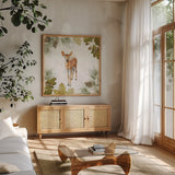 Into the Woods III by Emily Adams. Shown in a natural wood frame in a cozy modern living room. Available as an archival giclee rolled canvas, fine art paper, or poster print. SKU 22524a.