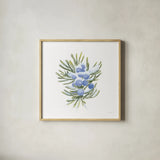 Into the Woods Juniper by Emily Adams. Shown in a natural wood glass frame for a timeless modern aesthetic. Available as an archival giclee rolled canvas, fine art paper, or poster print. SKU 30993a.
