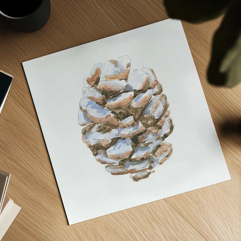Into the Woods Pinecone I by Emily Adams. Shown as a detailed flat fine art print, highlighting archival giclee quality. Available as an archival giclee rolled canvas, fine art paper, or poster print. SKU 30989a.