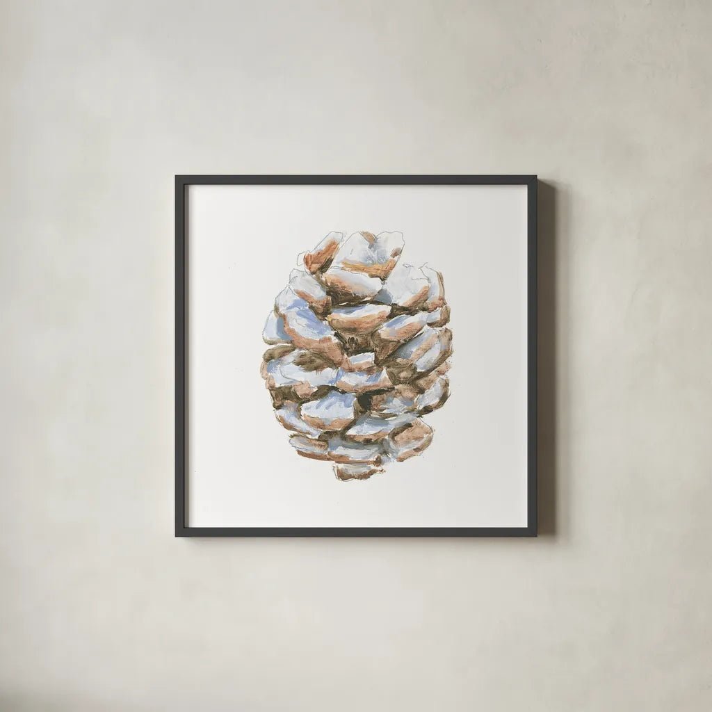 Into the Woods Pinecone I by Emily Adams. Shown in a sleek black glass frame for a contemporary gallery look. Available as an archival giclee rolled canvas, fine art paper, or poster print. SKU 30989a.