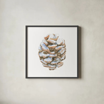 Into the Woods Pinecone I by Emily Adams. Shown in a sleek black glass frame for a contemporary gallery look. Available as an archival giclee rolled canvas, fine art paper, or poster print. SKU 30989a.
