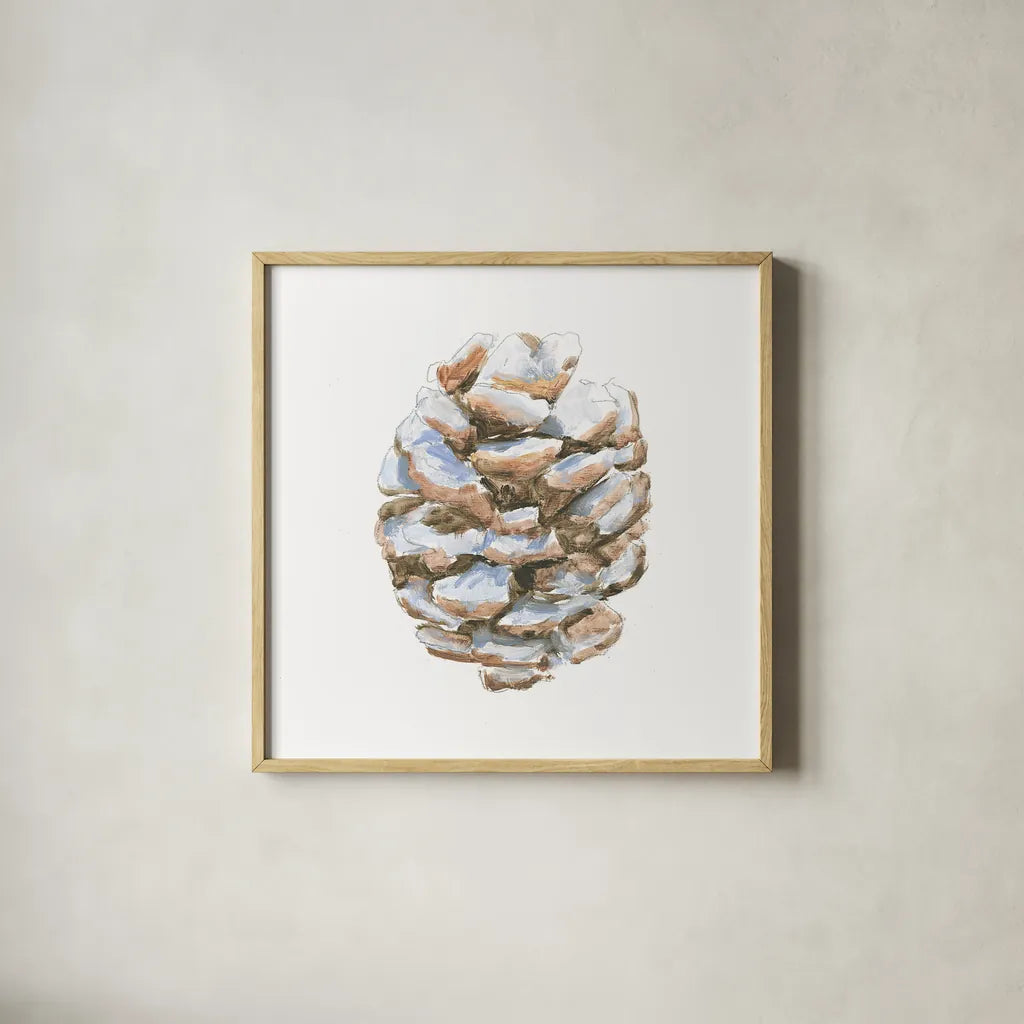 Into the Woods Pinecone I by Emily Adams. Shown in a natural wood glass frame for a timeless modern aesthetic. Available as an archival giclee rolled canvas, fine art paper, or poster print. SKU 30989a.