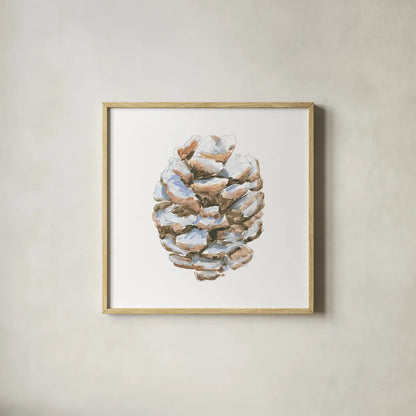 Into the Woods Pinecone I by Emily Adams. Shown in a natural wood glass frame for a timeless modern aesthetic. Available as an archival giclee rolled canvas, fine art paper, or poster print. SKU 30989a.