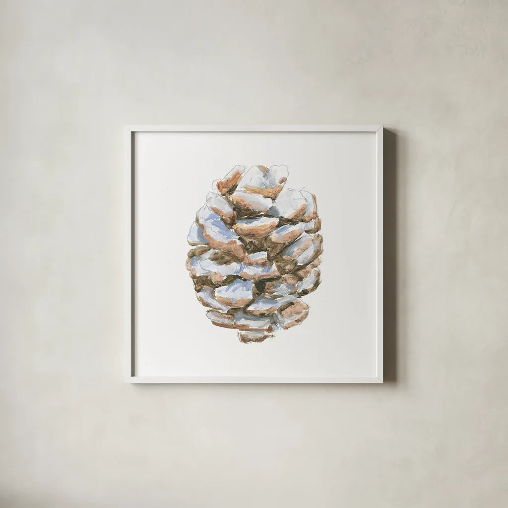 Into the Woods Pinecone I by Emily Adams. Shown in a crisp white glass frame for a clean and minimalist style. Available as an archival giclee rolled canvas, fine art paper, or poster print. SKU 30989a.