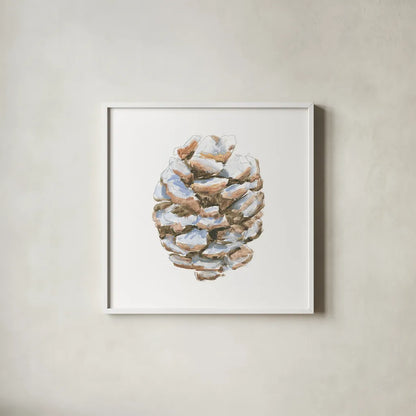 Into the Woods Pinecone I by Emily Adams. Shown in a crisp white glass frame for a clean and minimalist style. Available as an archival giclee rolled canvas, fine art paper, or poster print. SKU 30989a.