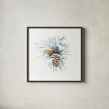 Into the Woods Pinecone II by Emily Adams. Shown in a sleek black glass frame for a contemporary gallery look. Available as an archival giclee rolled canvas, fine art paper, or poster print. SKU 30992a.