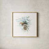 Into the Woods Pinecone II by Emily Adams. Shown in a natural wood glass frame for a timeless modern aesthetic. Available as an archival giclee rolled canvas, fine art paper, or poster print. SKU 30992a.