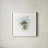 Into the Woods Pinecone II by Emily Adams. Shown in a crisp white glass frame for a clean and minimalist style. Available as an archival giclee rolled canvas, fine art paper, or poster print. SKU 30992a.