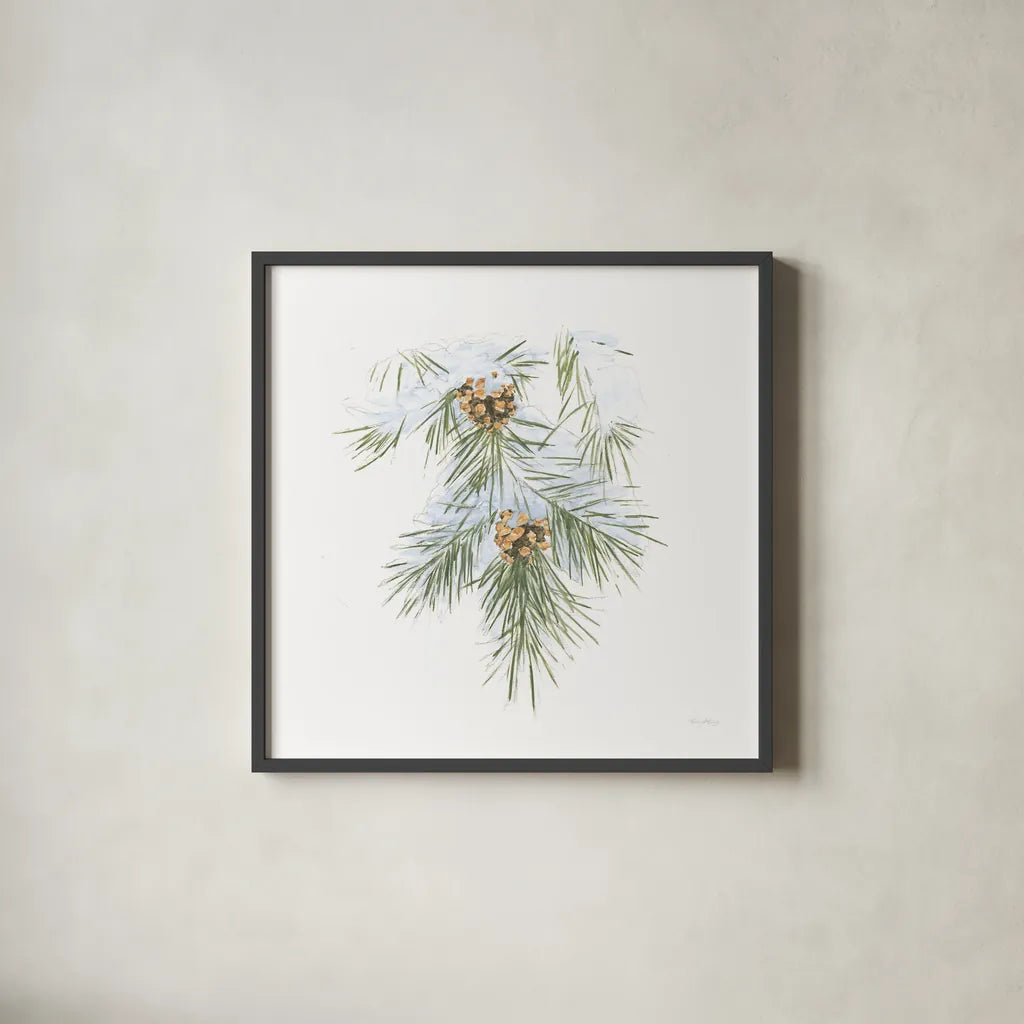 Into the Woods Pinecone III by Emily Adams. Shown in a sleek black glass frame for a contemporary gallery look. Available as an archival giclee rolled canvas, fine art paper, or poster print. SKU 30990a.