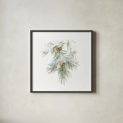 Into the Woods Pinecone III by Emily Adams. Shown in a sleek black glass frame for a contemporary gallery look. Available as an archival giclee rolled canvas, fine art paper, or poster print. SKU 30990a.