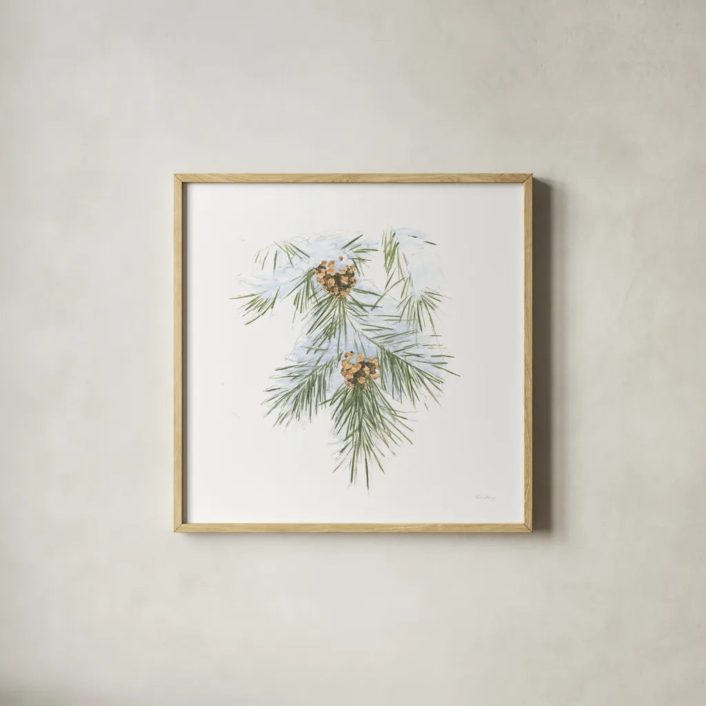 Into the Woods Pinecone III by Emily Adams. Shown in a natural wood glass frame for a timeless modern aesthetic. Available as an archival giclee rolled canvas, fine art paper, or poster print. SKU 30990a.