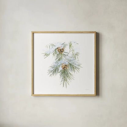 Into the Woods Pinecone III by Emily Adams. Shown in a natural wood glass frame for a timeless modern aesthetic. Available as an archival giclee rolled canvas, fine art paper, or poster print. SKU 30990a.