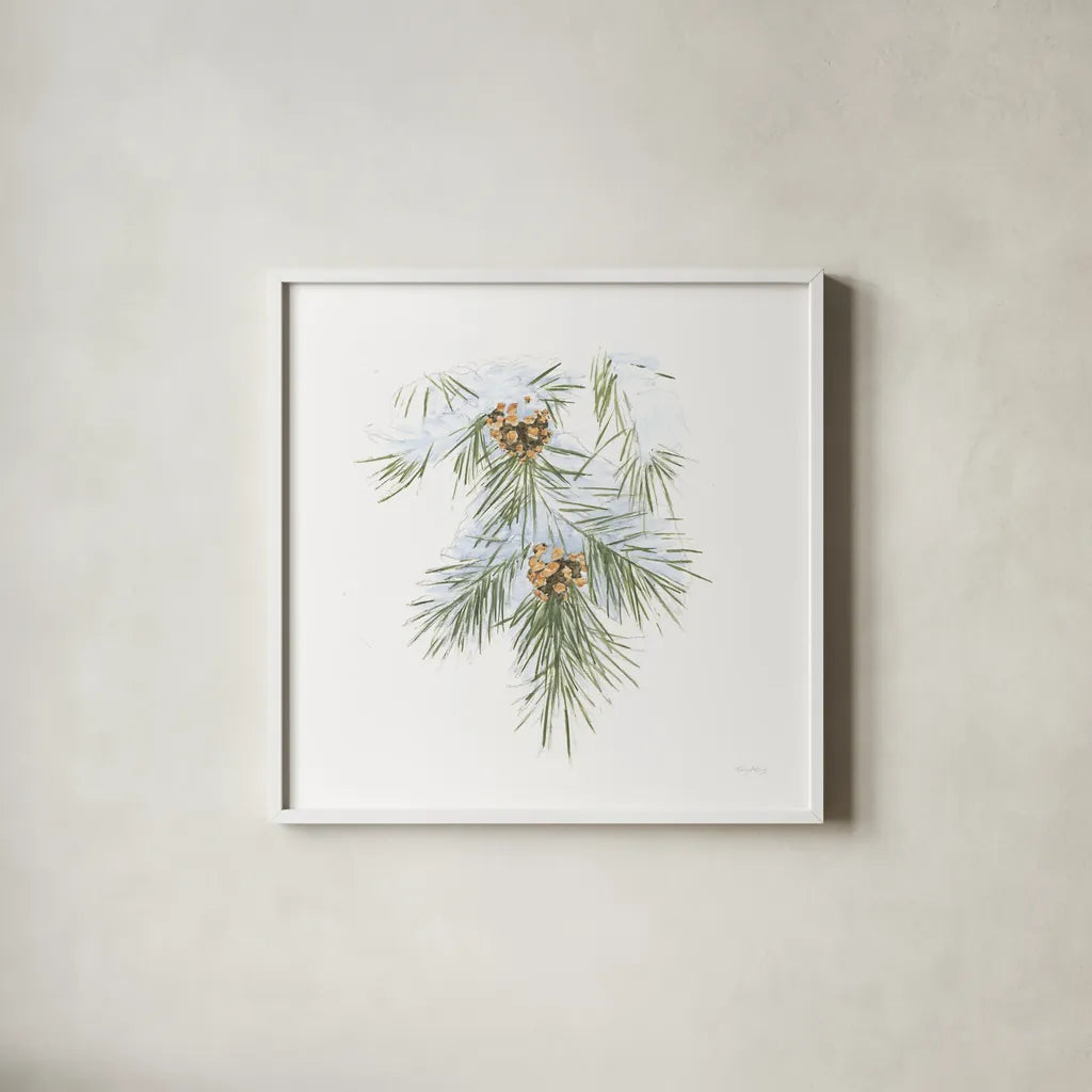 Into the Woods Pinecone III by Emily Adams. Shown in a crisp white glass frame for a clean and minimalist style. Available as an archival giclee rolled canvas, fine art paper, or poster print. SKU 30990a.