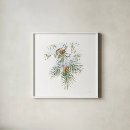 Into the Woods Pinecone III by Emily Adams. Shown in a crisp white glass frame for a clean and minimalist style. Available as an archival giclee rolled canvas, fine art paper, or poster print. SKU 30990a.