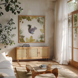 Into the Woods V on White Border by Emily Adams. Shown in a natural wood frame in a cozy modern living room. Available as an archival giclee rolled canvas, fine art paper, or poster print. SKU 22868a.