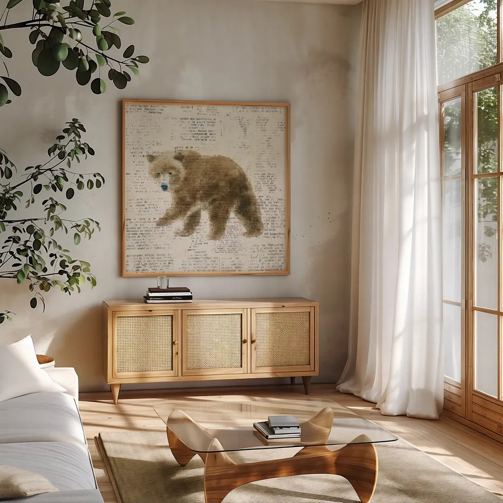 Into the Woods VI no Border by Emily Adams. Shown in a natural wood frame in a cozy modern living room. Available as an archival giclee rolled canvas, fine art paper, or poster print. SKU 22881a.