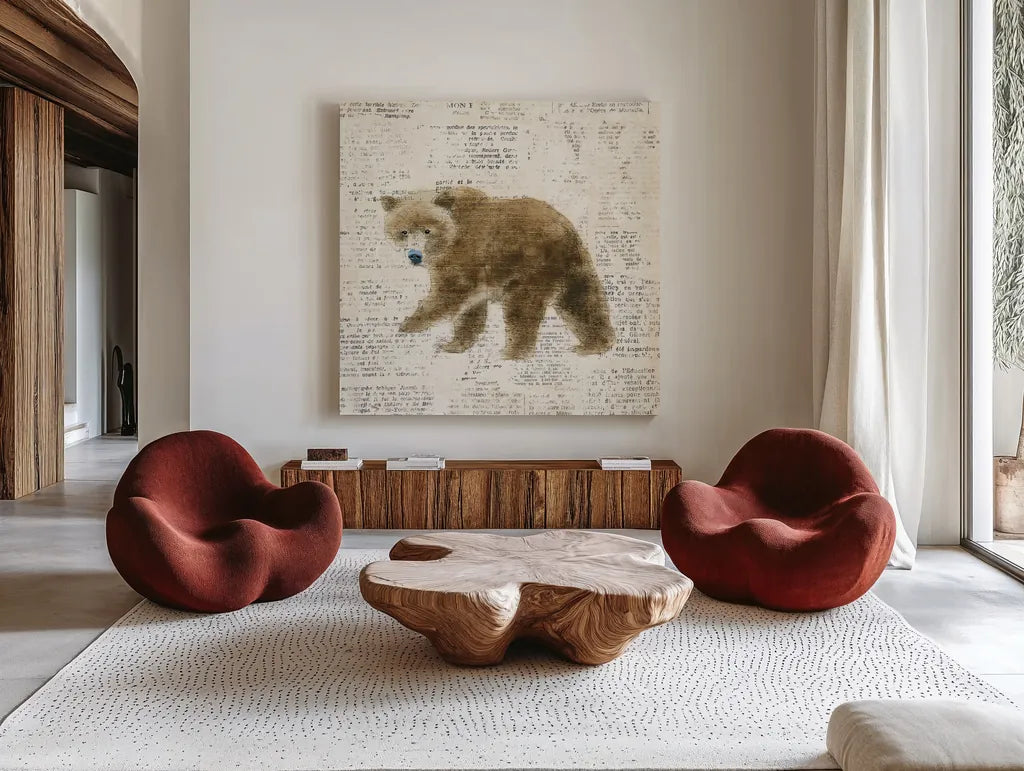 Into the Woods VI no Border by Emily Adams. Shown as extra-large giant wall art in a modern living room. Available as an archival giclee rolled canvas, fine art paper, or poster print. SKU 22881a.