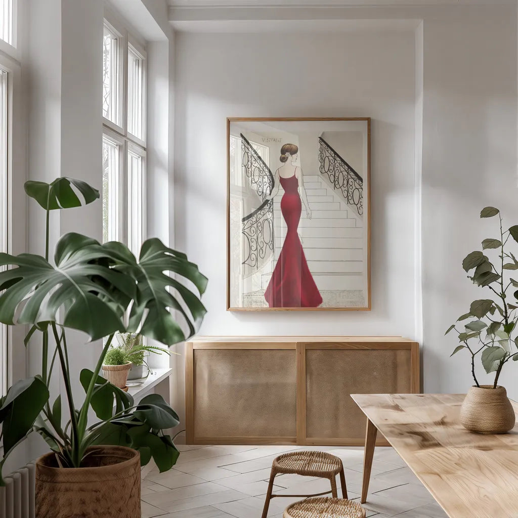 La Belle Rouge Original by Emily Adams. shown as a print in a natural wood frame in a dining room. Available as a archival giclee rolled canvas, fine art paper, or poster print. SKU 35233h.