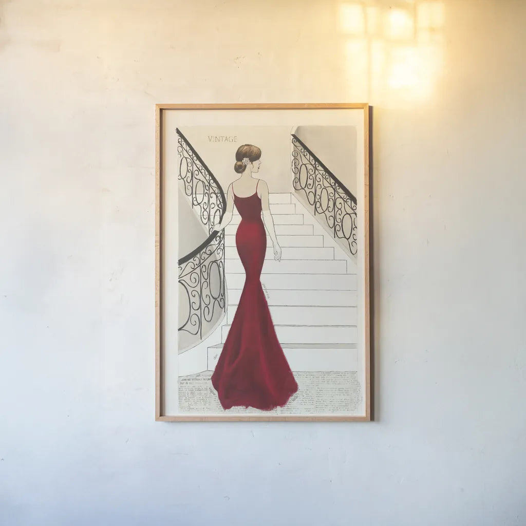 La Belle Rouge Original by Emily Adams. shown as a paper print in a natural frame. Available as a archival giclee rolled canvas, fine art paper, or poster print. SKU 35233h.