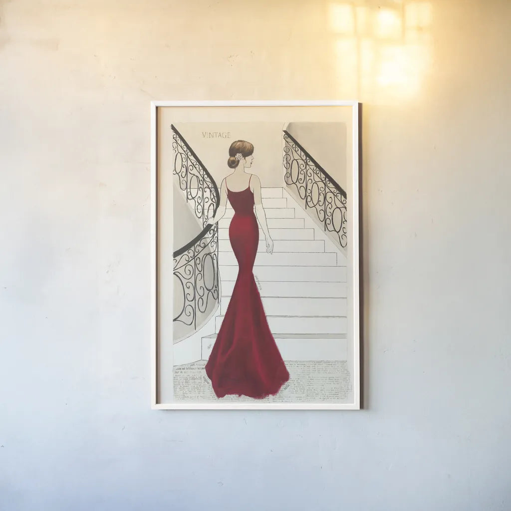 La Belle Rouge Original by Emily Adams. shown as a paper print in a white frame. Available as a archival giclee rolled canvas, fine art paper, or poster print. SKU 35233h.