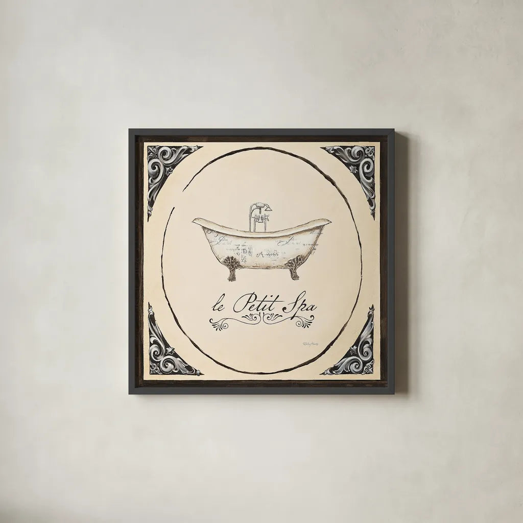 Le Petit Spa I Square by Emily Adams. Shown in a sleek black glass frame for a contemporary gallery look. Available as an archival giclee rolled canvas, fine art paper, or poster print. SKU 12593a.