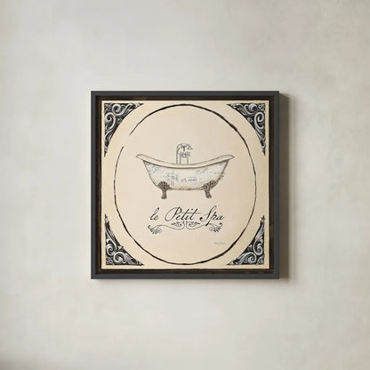 Le Petit Spa I Square by Emily Adams. Shown in a sleek black glass frame for a contemporary gallery look. Available as an archival giclee rolled canvas, fine art paper, or poster print. SKU 12593a.