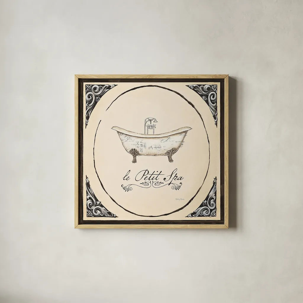 Le Petit Spa I Square by Emily Adams. Shown in a natural wood glass frame for a timeless modern aesthetic. Available as an archival giclee rolled canvas, fine art paper, or poster print. SKU 12593a.