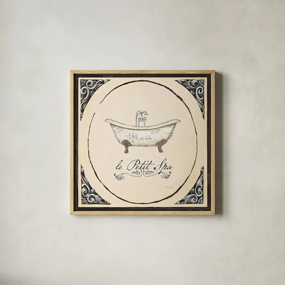 Le Petit Spa I Square by Emily Adams. Shown in a natural wood glass frame for a timeless modern aesthetic. Available as an archival giclee rolled canvas, fine art paper, or poster print. SKU 12593a.