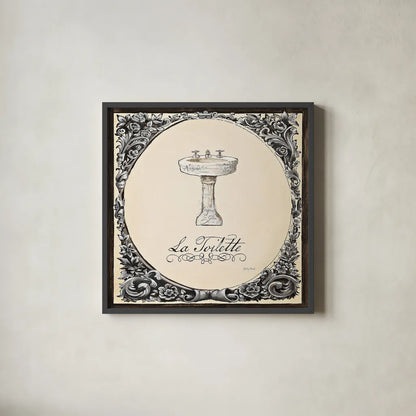 Le Petit Spa II Square by Emily Adams. Shown in a sleek black glass frame for a contemporary gallery look. Available as an archival giclee rolled canvas, fine art paper, or poster print. SKU 12594a.