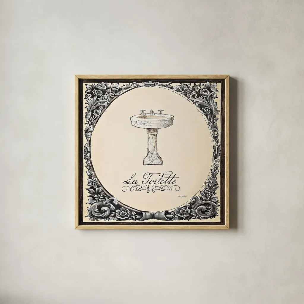Le Petit Spa II Square by Emily Adams. Shown in a natural wood glass frame for a timeless modern aesthetic. Available as an archival giclee rolled canvas, fine art paper, or poster print. SKU 12594a.