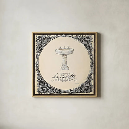 Le Petit Spa II Square by Emily Adams. Shown in a natural wood glass frame for a timeless modern aesthetic. Available as an archival giclee rolled canvas, fine art paper, or poster print. SKU 12594a.