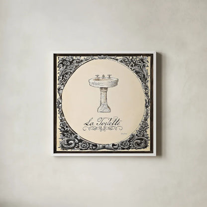Le Petit Spa II Square by Emily Adams. Shown in a crisp white glass frame for a clean and minimalist style. Available as an archival giclee rolled canvas, fine art paper, or poster print. SKU 12594a.