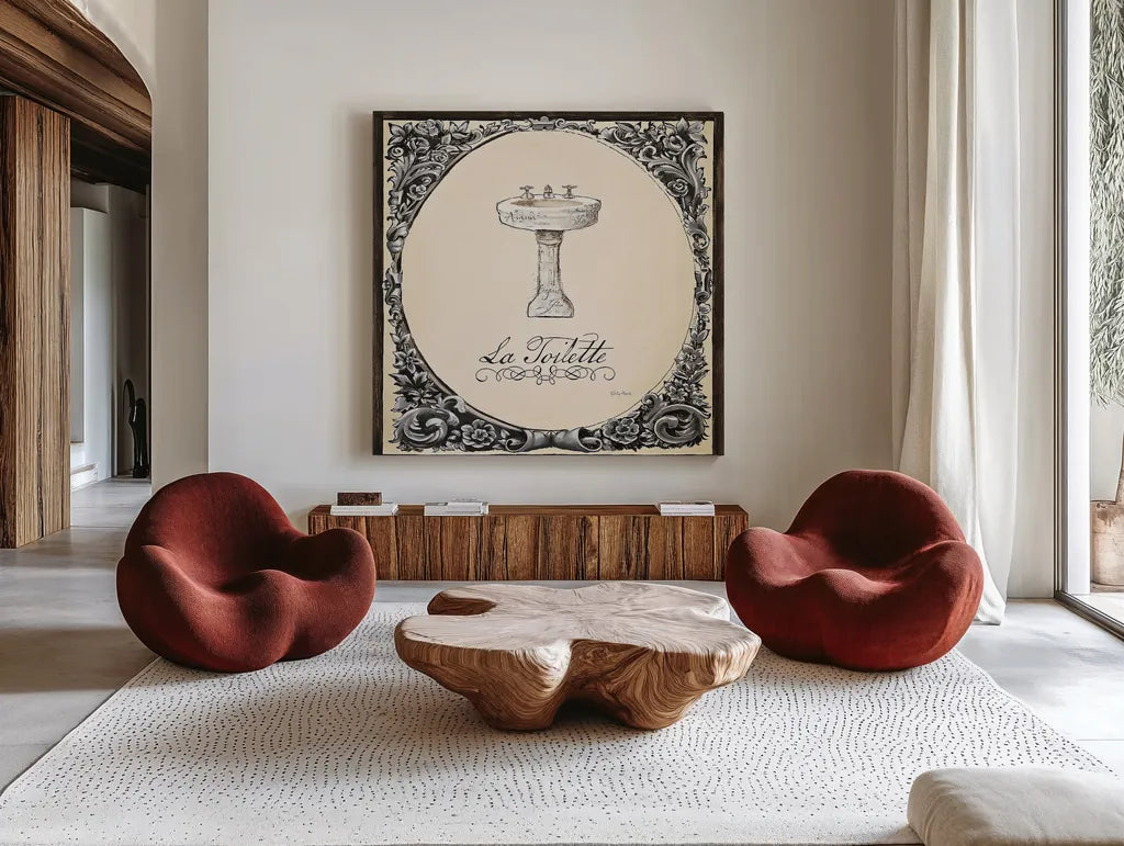 Le Petit Spa II Square by Emily Adams. Shown as extra-large giant wall art in a modern living room. Available as an archival giclee rolled canvas, fine art paper, or poster print. SKU 12594a.