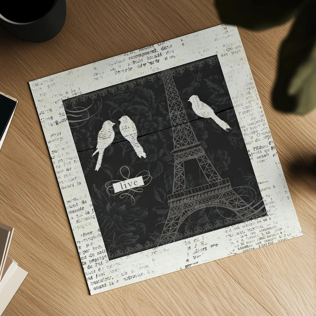 Love Paris I with Border by Emily Adams. Shown as a detailed flat fine art print, highlighting archival giclee quality. Available as an archival giclee rolled canvas, fine art paper, or poster print. SKU 13191a.