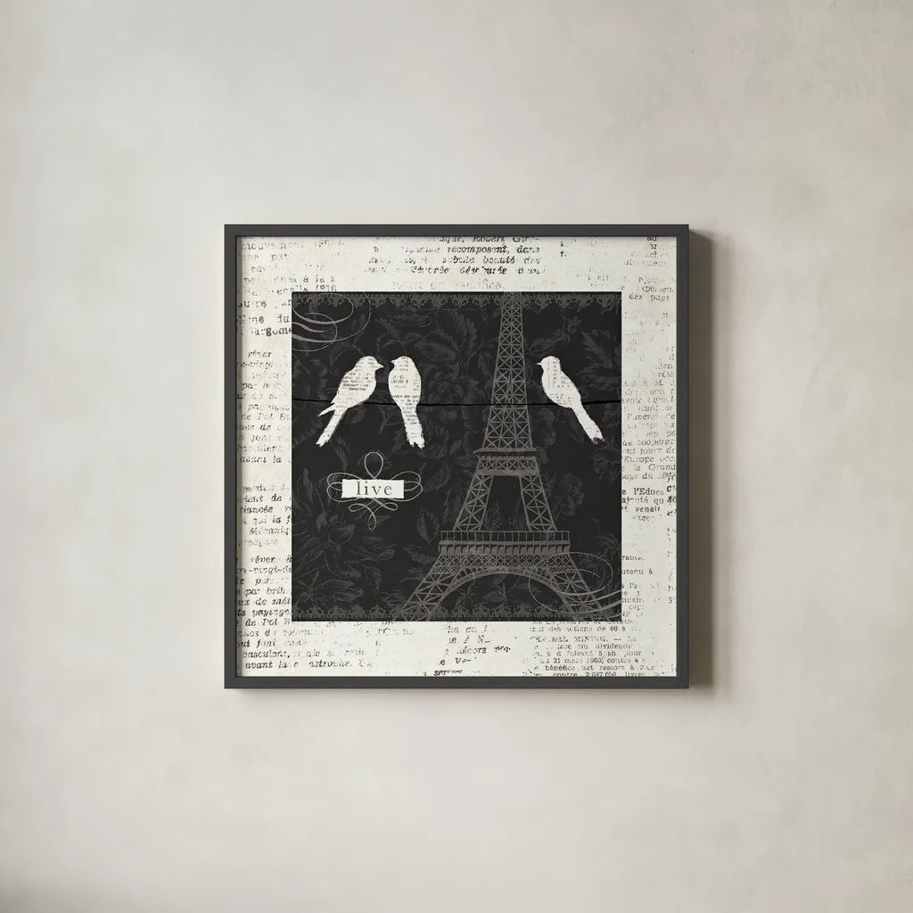 Love Paris I with Border by Emily Adams. Shown in a sleek black glass frame for a contemporary gallery look. Available as an archival giclee rolled canvas, fine art paper, or poster print. SKU 13191a.