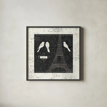 Love Paris I with Border by Emily Adams. Shown in a sleek black glass frame for a contemporary gallery look. Available as an archival giclee rolled canvas, fine art paper, or poster print. SKU 13191a.