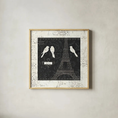 Love Paris I with Border by Emily Adams. Shown in a natural wood glass frame for a timeless modern aesthetic. Available as an archival giclee rolled canvas, fine art paper, or poster print. SKU 13191a.