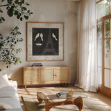 Love Paris I with Border by Emily Adams. Shown in a natural wood frame in a cozy modern living room. Available as an archival giclee rolled canvas, fine art paper, or poster print. SKU 13191a.