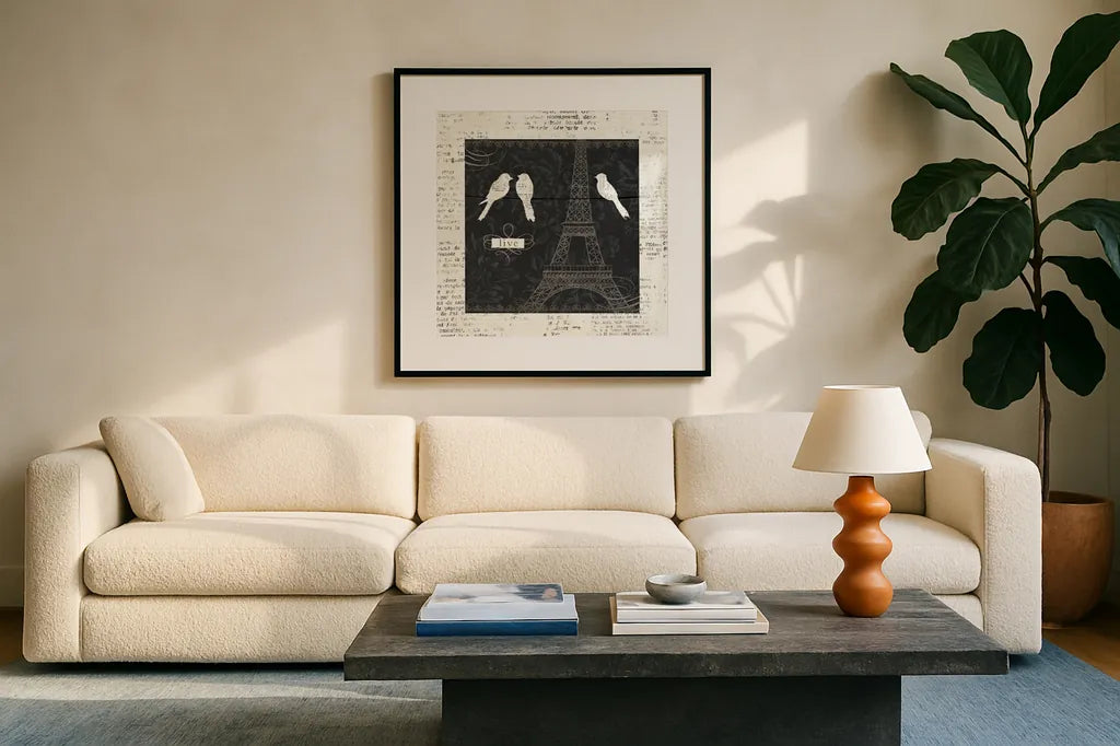 Love Paris I with Border by Emily Adams. Displayed in a glass frame with matte in a clean modern living room. Available as an archival giclee rolled canvas, fine art paper, or poster print. SKU 13191a.