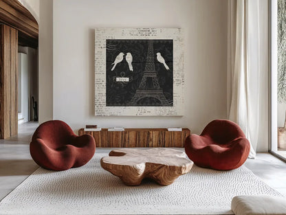 Love Paris I with Border by Emily Adams. Shown as extra-large giant wall art in a modern living room. Available as an archival giclee rolled canvas, fine art paper, or poster print. SKU 13191a.